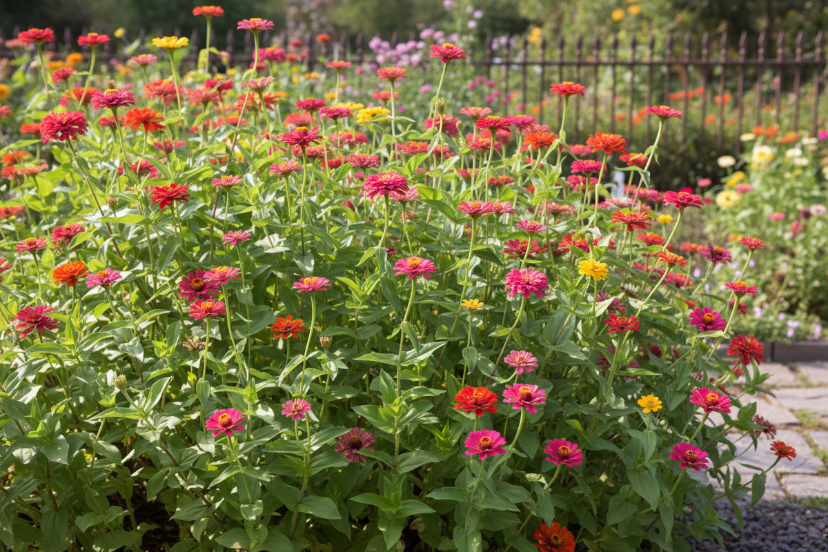 Garden with red, pink, and yellow flowers in a lush green setting